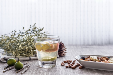 The glasses on the table and lemon