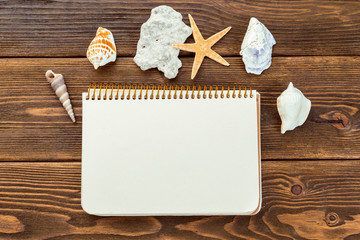 Shells and notepad on wooden table. Top view with copy space