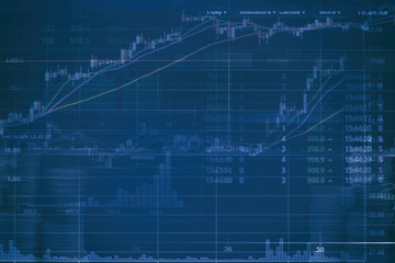 Abstract financial stock numbers chart with graph and stack of coins in Double exposure style background