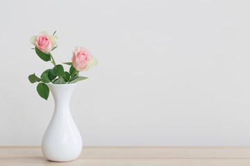 two pink roses in vase on white background