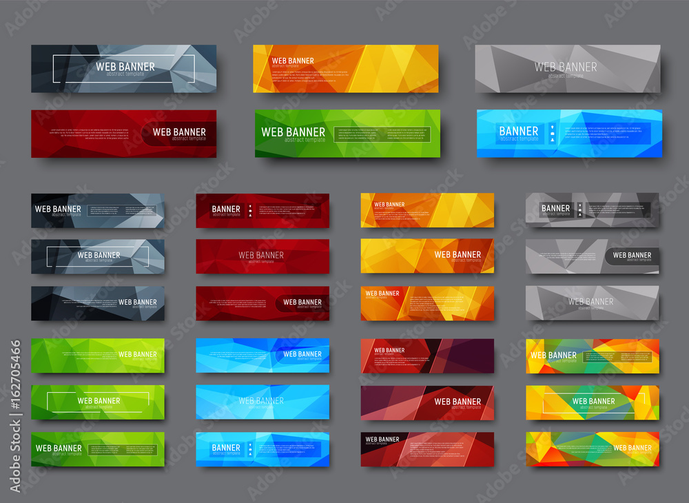 Poster Set of horizontal web banners with multicolored polygonal abstract background