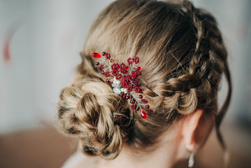 Hair with braided braids and accessories with red stones © Olha Cheverda