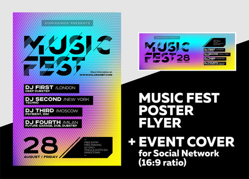 Bright DJ Poster for Summer Festival. Minimal Electronic Music Cover for Fest.