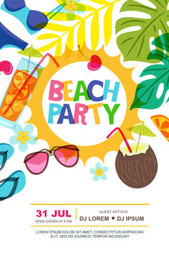 Beach party vector summer poster design template. Sun, palm leaves and cocktails doodle illustration. Concept for banner, flyer, invitation, summer holiday backgrounds.