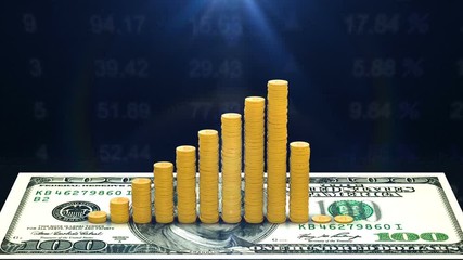 Computer animation growing chart in columns of coins, which shows the growth rate of currencies or stocks on the stock exchange and the stock market. 3D animation with optical flare, full hd 1920x1080
