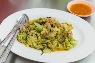 Suki without broth , stir fried mixed vegetable and pork in sukiyaki sauce