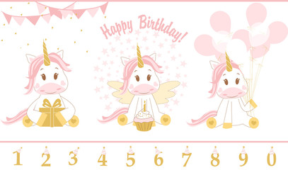 Obraz na płótnie Canvas Cute baby unicorn. Vector illustration. Happy Birthday card with cute unicorn icon