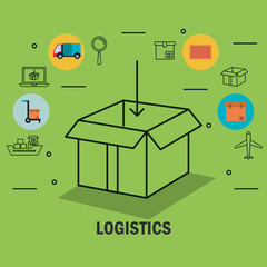 Hand drawn box with delivery logistics related icons over green background vector illustration