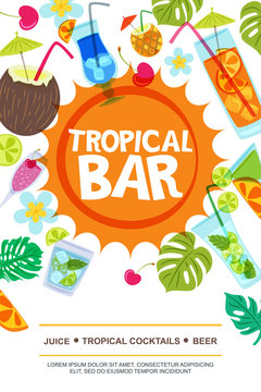 Beach bar vector menu or flyer layout. Sun, palm leaves and cocktails doodle illustration. Summer design for banner, flyer, invitation.