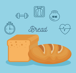 Bread loaves and hand drawn healthy lifestyle related objects over blue background vector illustration