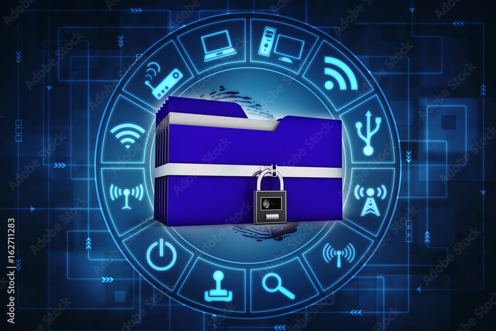 Poster yellow folder and lock. data security concept. 3d rendering