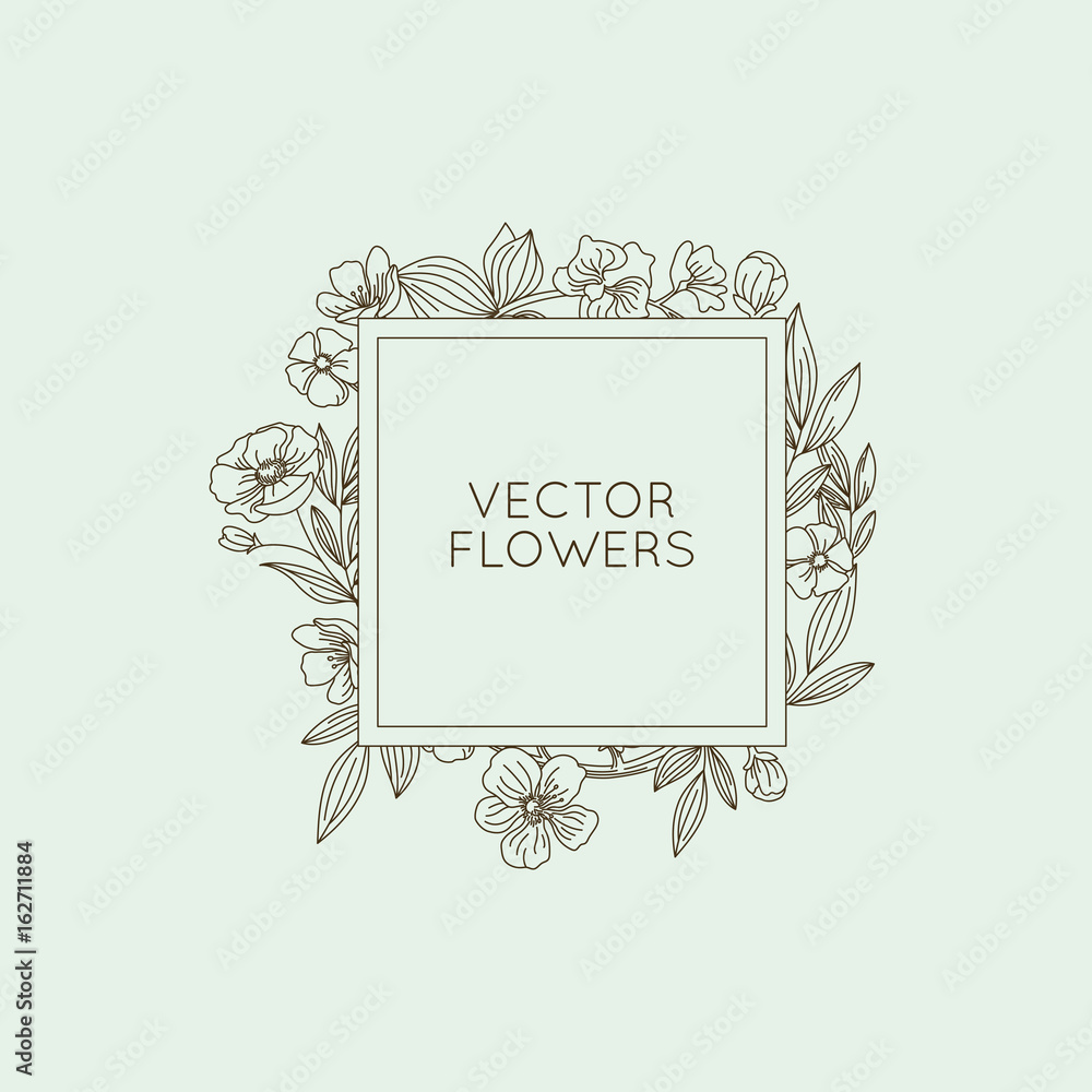 Poster vector floral frame and background with copy space for text in trendy linear style