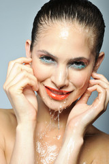 happy beautiful woman smiling under the water