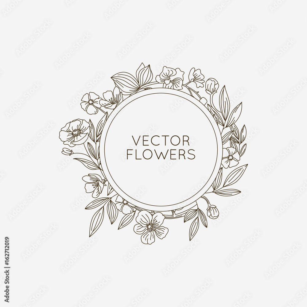 Leinwandbilder Vector round floral frame and background with copy space for text in trendy linear style