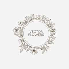 Vector round floral frame and background with copy space for text in trendy linear style