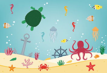 Fototapeta na wymiar Sea icons and symbols set. Sea animals. Nautical design elements. Vector