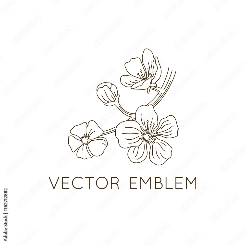 Poster vector logo design template - floral illustration in simple minimal linear style
