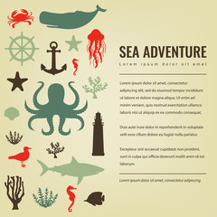 Sea icons and symbols set. Sea animals. Nautical design elements. Vector