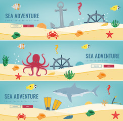 Sea icons and symbols set. Sea animals. Nautical design elements. Concept website template. Vector
