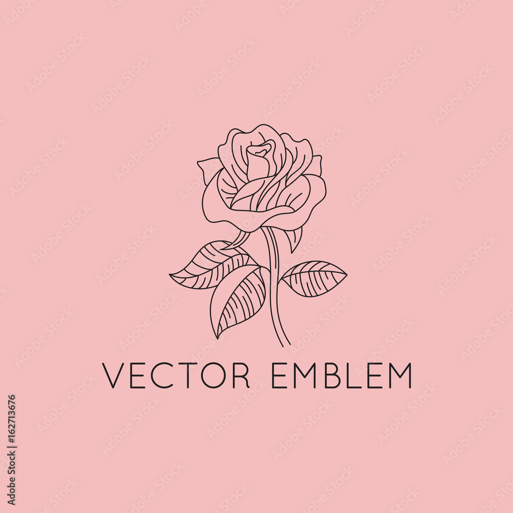 Poster vector logo design template - floral illustration in simple minimal linear style