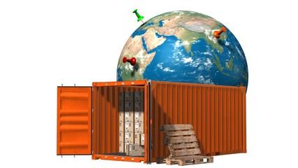 Internet shopping and e-commerce, package delivery concept, global freight transportation business, cargo container with cardboard boxes and Earth globe