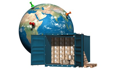 Internet shopping and e-commerce, package delivery concept, global freight transportation business, cargo container with cardboard boxes and Earth globe