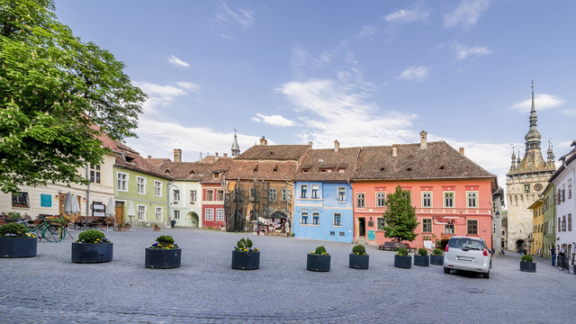 Beautiful view of the famous square Piata Cetatii, Citadel, Sighisoara, Romania