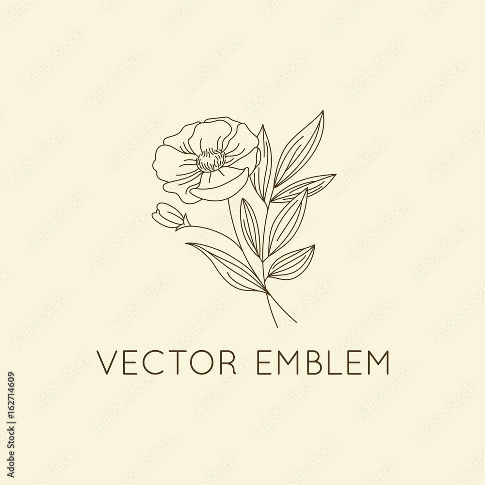 Poster vector logo design template - floral illustration in simple minimal linear style