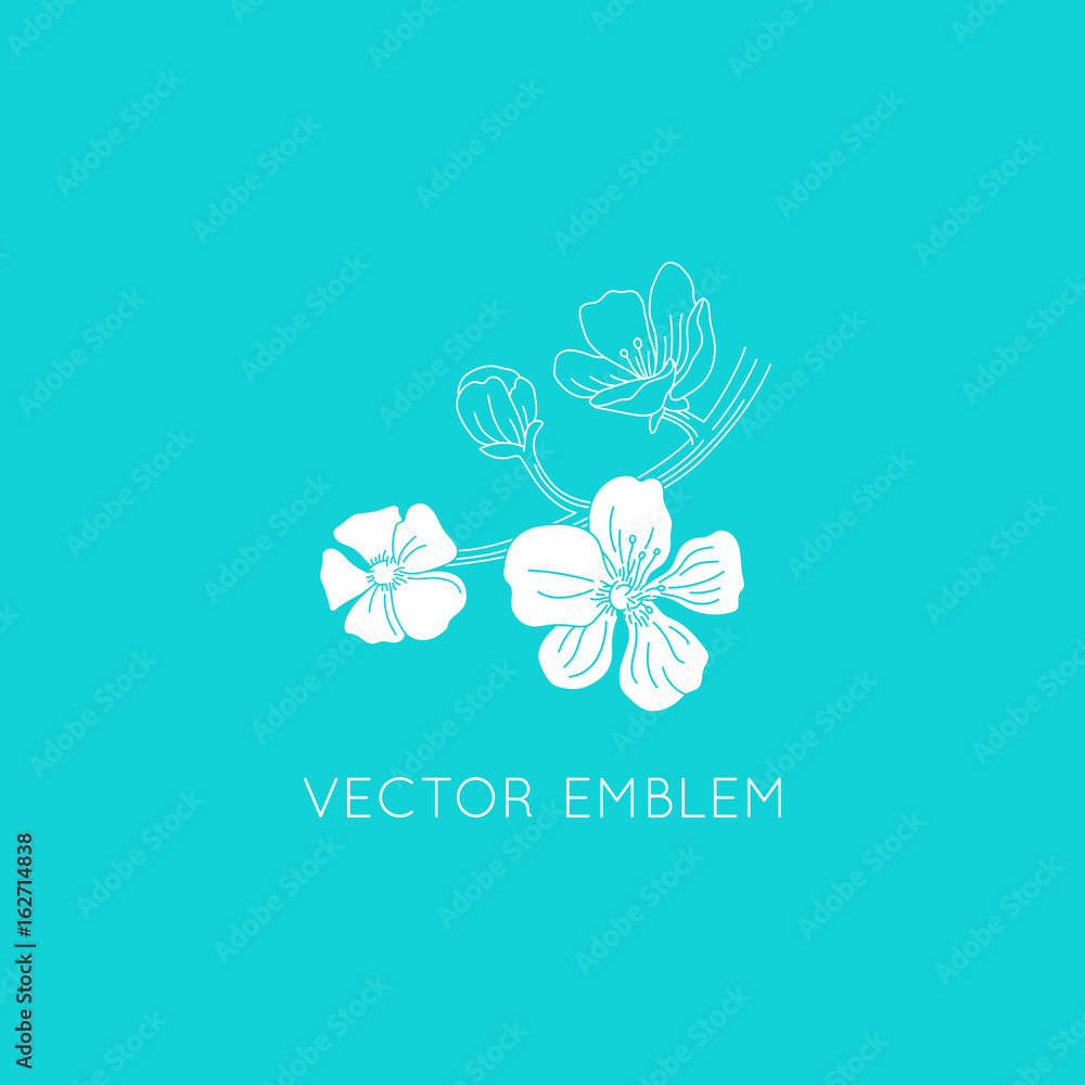 Poster vector logo design template - floral illustration in simple minimal linear style