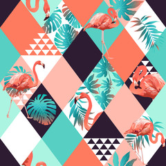 Naklejki  Egzotyczna plaża modny wzór, patchwork ilustrowany kwiatowy wektor tropikalny banan liści. Dżungla różowe flamingi Tapeta mozaika w tle