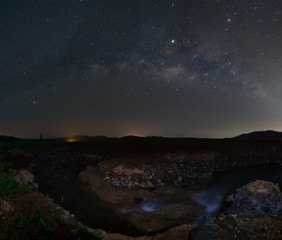 Beautiful Night Starry sky with Rising Milky Way over the river, Thailand