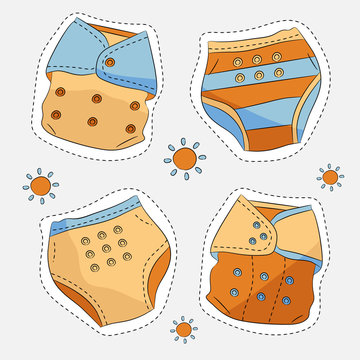 Four sticker style baby diapers on light background