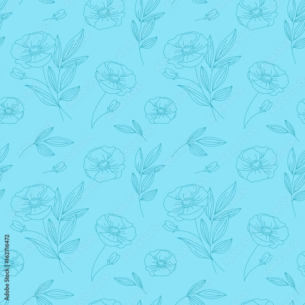 Poster Vector seamless pattern with flowers and leaves in linear style - packaging background or wrapping paper for natural cosmetics