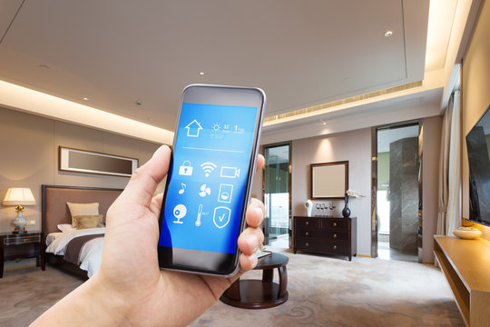 mobile phone with luxury bedroom in smart home