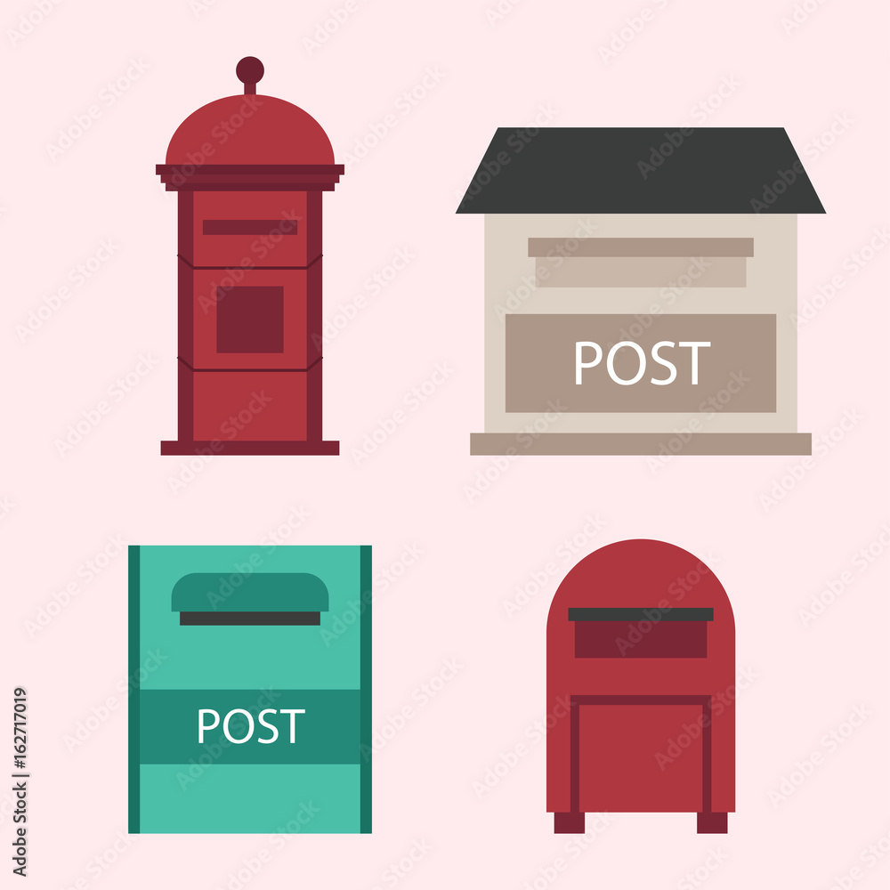 Poster beautiful rural curbside open and closed postal mailboxes with semaphore flag postbox vector illustr