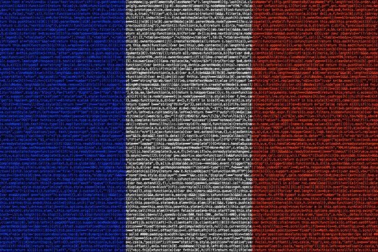French flag composed of dense computer code cybersecurity concept