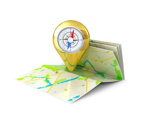 Golden GPS-pointer located on the map. 3D illustration