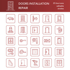 Doors installation, repair line icons. Various door types, handle, latch, lock, hinges. Interior design thin linear signs for house decor shop, handyman service.