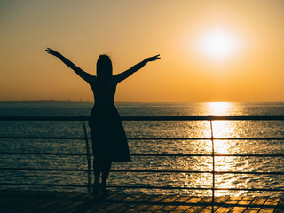 Fototapeta premium Silhouette of the happy woman in summer dress standing at the beach during sunset. Natural light and colors