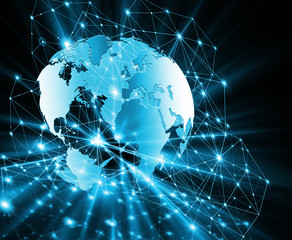 Best Internet Concept of global business. Globe, glowing lines on technological background. Wi-Fi, rays, symbols Internet, 3D illustration