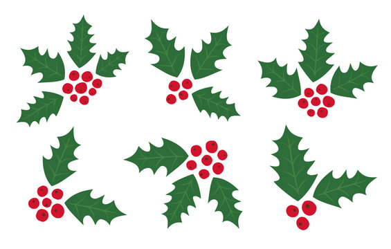 Set of Holly Berry Elements. Symbol of Christmas. Ilex Aquifolium. Christmas berries. Red Berries