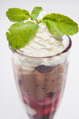 Sundae Ice cream with cherry in chocolate topping, decorated with mint