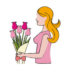 cartoon woman with bouquet flower vector illustration