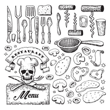 Vector illustrated set of various pizza ingredients and kitchen utensils