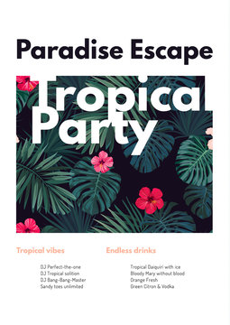 Tropical vector party flyer design with bright hibiscus flowers and exotic palm leaves on dark background.