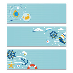 Vector set of three horizontal marine banners. Place for the text.
 Blue background