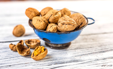 Walnuts on wooden table