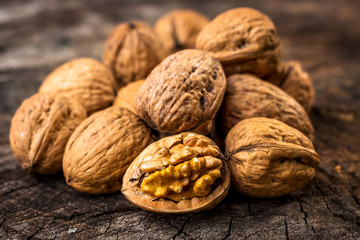 Walnuts on wooden table
