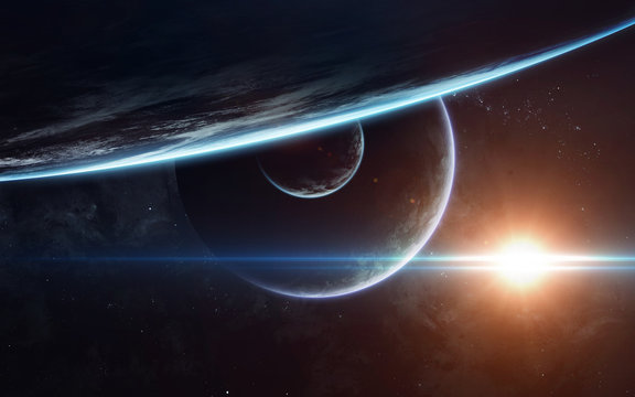 Fototapeta Science fiction space wallpaper, incredibly beautiful planets, galaxies, dark and cold beauty of endless universe. Elements of this image furnished by NASA