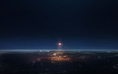 Science fiction space wallpaper, ishaceship starting from earth. Elements of this image furnished...